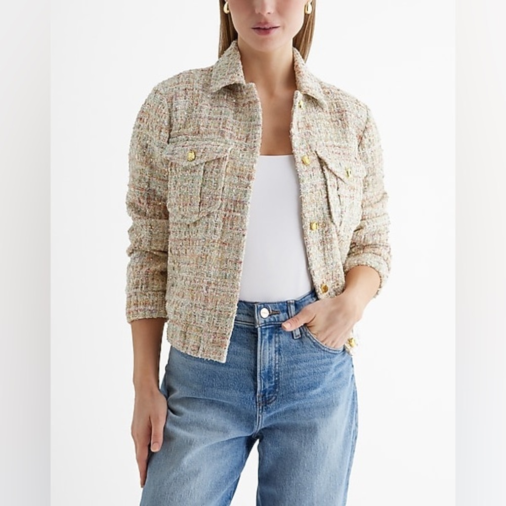 Express Sequin Tweed Novelty Button Cropped Bomber Jacket